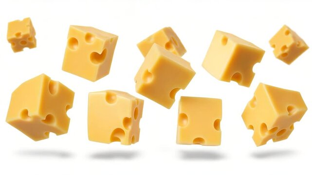 Peda&ccedil;os de queijo flutuando e girando no ar &mdash; v&iacute;deo em fundo branco

