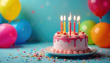 A vibrant birthday cake with candles ablaze, surrounded by colorful balloons and confetti , sweet, decorations, anniversary