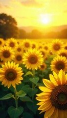 A vibrant field of sunflowers bathed in golden sunlight, symbolizing optimism and a bright future The cheerful yellow evokes feelings of joy and warmth , color, flora, sunshine