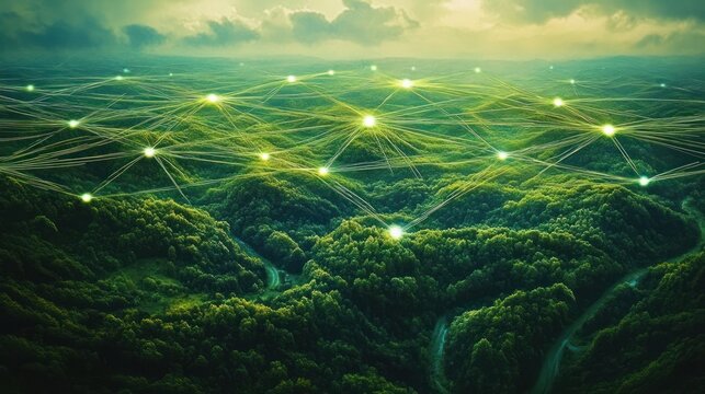 A lush green forest landscape under a cloudy sky with glowing interconnected points floating above the treetops symbolizing network connectivity over nature