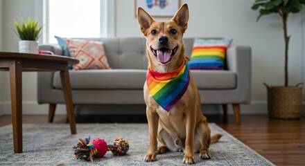 Happy tan dog wearing a rainbow pride bandana sits in a modern living room with a matching rainbow pillow and toys on the floor.