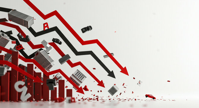 Financial downfall illustrated with arrows and objects falling