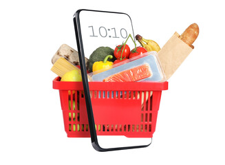 Red shopping basket full of food products coming through mobile phone screen on white background....