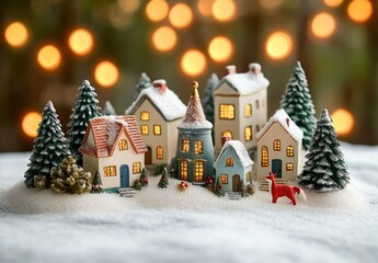 Miniature snowy village with cozy lit houses, pine trees, and a small red fox figurine under warm glowing lights in the background