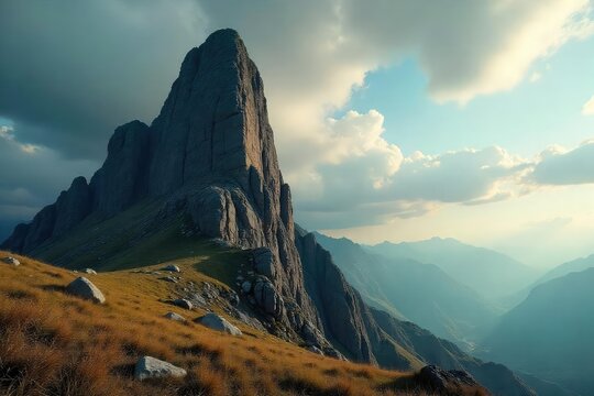 Ancient, weathered stone pinnacle reaching towards a dramatic sky Shows the effects of time and erosion on a majestic natural formation A testament to enduring nature's power , scenery, crag