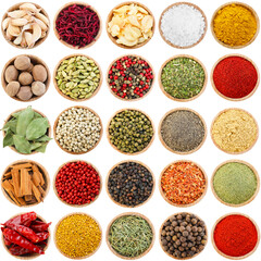 Different aromatic spices in bowls isolated on white, set. Top view