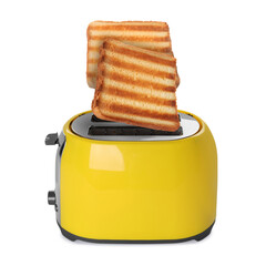 Slices of toasted bread jumping out of toaster on white background
