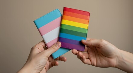 Close-up of two hands holding a transgender pride flag passport cover and a rainbow pride flag passport cover, symbolizing LGBTQ+ identity and travel rights.