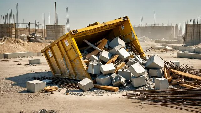 Construction Site with Dumped Concrete Debris from Yellow Industrial Truck on Dusty Ground