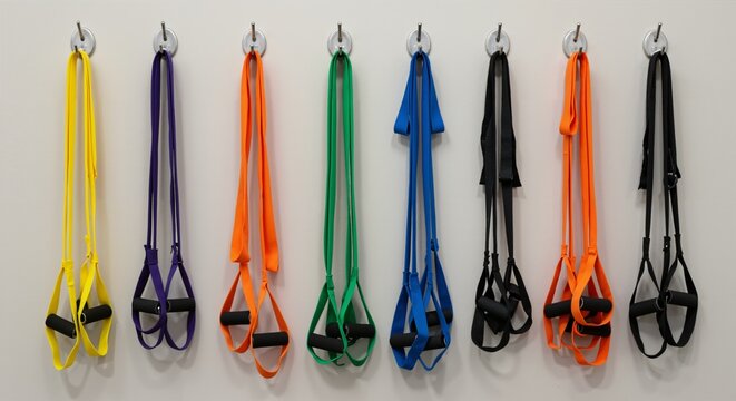 A collection of colorful suspension training straps, including yellow, purple, orange, green, blue, and black, neatly hung on individual hooks against a plain white wall in a fitness setting.