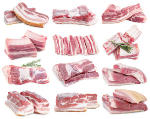 Fresh raw pork meat on white background, collage