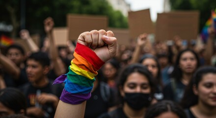 Close-up of a raised fist adorned with a rainbow pride wristband at an LGBTQ+ rights demonstration, with a blurred crowd of participants in the background.
