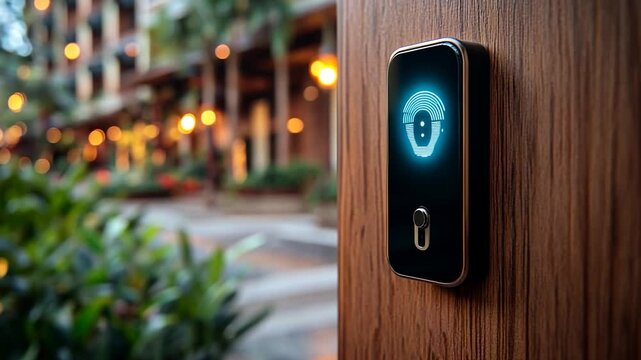 Close up of a wooden door with a smart lock featuring a glowing brain-shaped icon in a blurred background. Focus is on the lock with a blurry outdoor scene and warm bokeh lights.