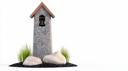 Stone Miniature Bell Tower with Plants and Rocks on White