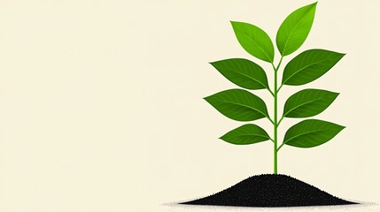 Vibrant Green Plant Sprouting From Dark Soil on Cream Colored