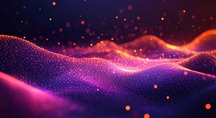 Abstract digital landscape with glowing network grid waves in purple and orange hues and floating particles creating a futuristic and dynamic atmosphere