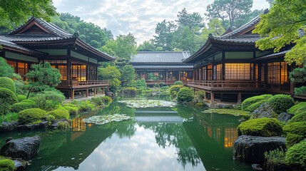 Naklejka premium Tranquil Japanese garden with traditional wooden buildings reflecting in a pond. Lush greenery surrounds the serene scene