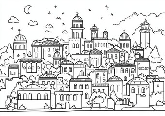 Obraz premium Ville médiévale stylisée en noir et blanc