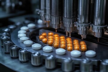 Automated pharmaceutical pill production machine dispensing orange capsules and white tablets on a circular conveyor in a clean manufacturing environment