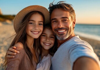 Smiling father and two daughters taking a close selfie together on a sandy beach during sunset with warm, happy expressions