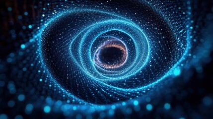 Abstract glowing blue and purple mesh vortex spiraling inward creating a sense of depth and motion