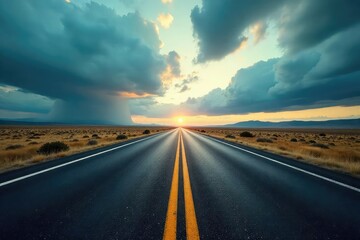 Naklejka premium Endless asphalt ribbon stretching towards a vanishing point under a vast, dramatic sky Perfect for travel, adventure, and freedom concepts A sense of journey and open road , horizon, outdoors