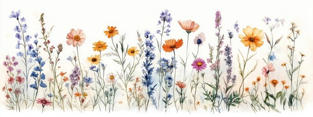 Delicate watercolor painting of various wildflowers with slender green stems and colorful petals in soft pastel shades, evoking a calm and natural atmosphere