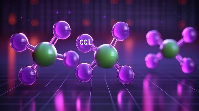 Digital illustration of colorful molecular structures with green and purple spheres connected by rods on a futuristic grid background