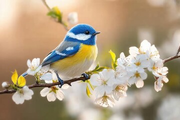 colorful small bird with vibrant blue, yellow, and white feathers perched on blossoming branch with delicate white flowers and fresh green leaves in soft natural light