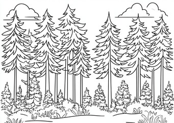 Naklejka premium Forêt de sapins, dessin au trait, monochrome