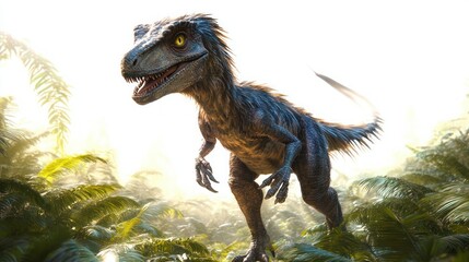 A fierce dinosaur with sharp teeth and claws standing aggressively among lush green ferns in a bright prehistoric jungle environment