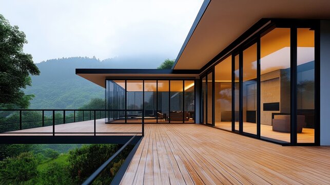 Modern glass house with expansive wooden deck overlooking lush green forest and misty mountains under an overcast sky