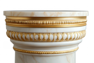 Ornate round marble pedestal with intricate gold trim and classical design isolated on a transparent background