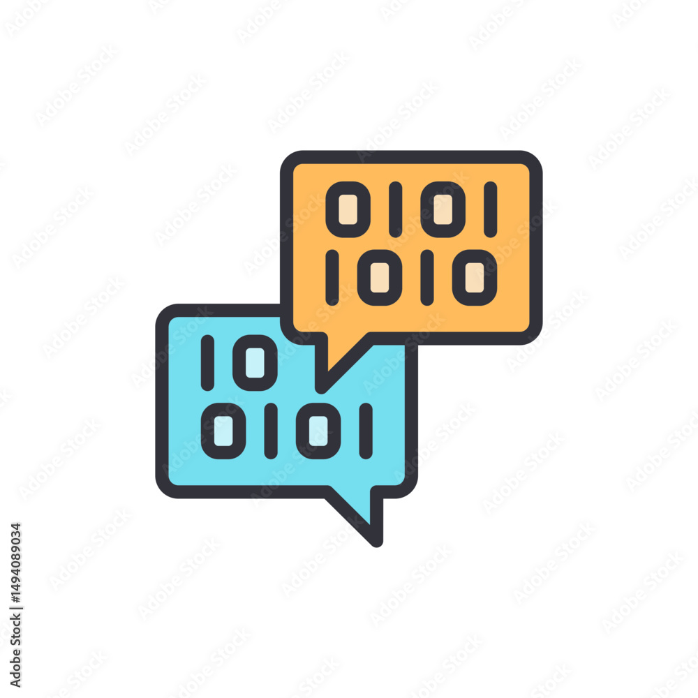 Poster conceptual illustration of binary code conversation bubbles floating in space
