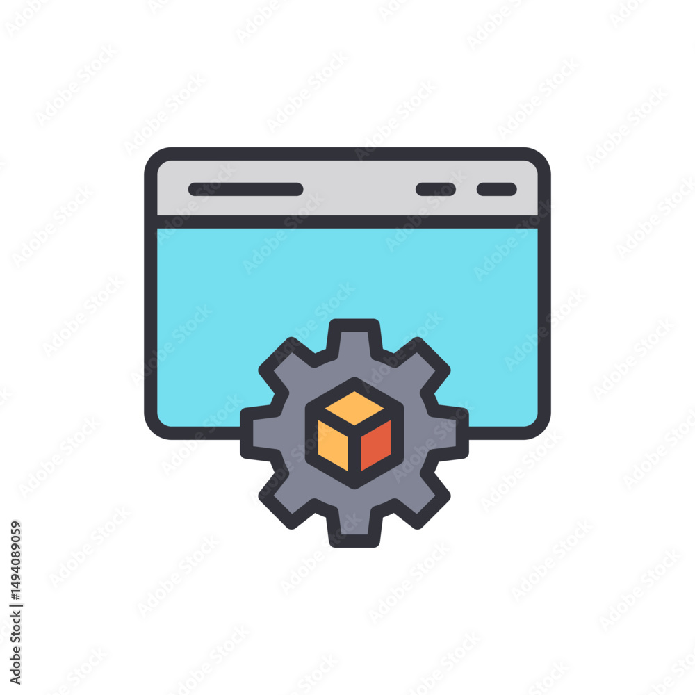 Poster configuring website development with automation gear and three dimensional cube