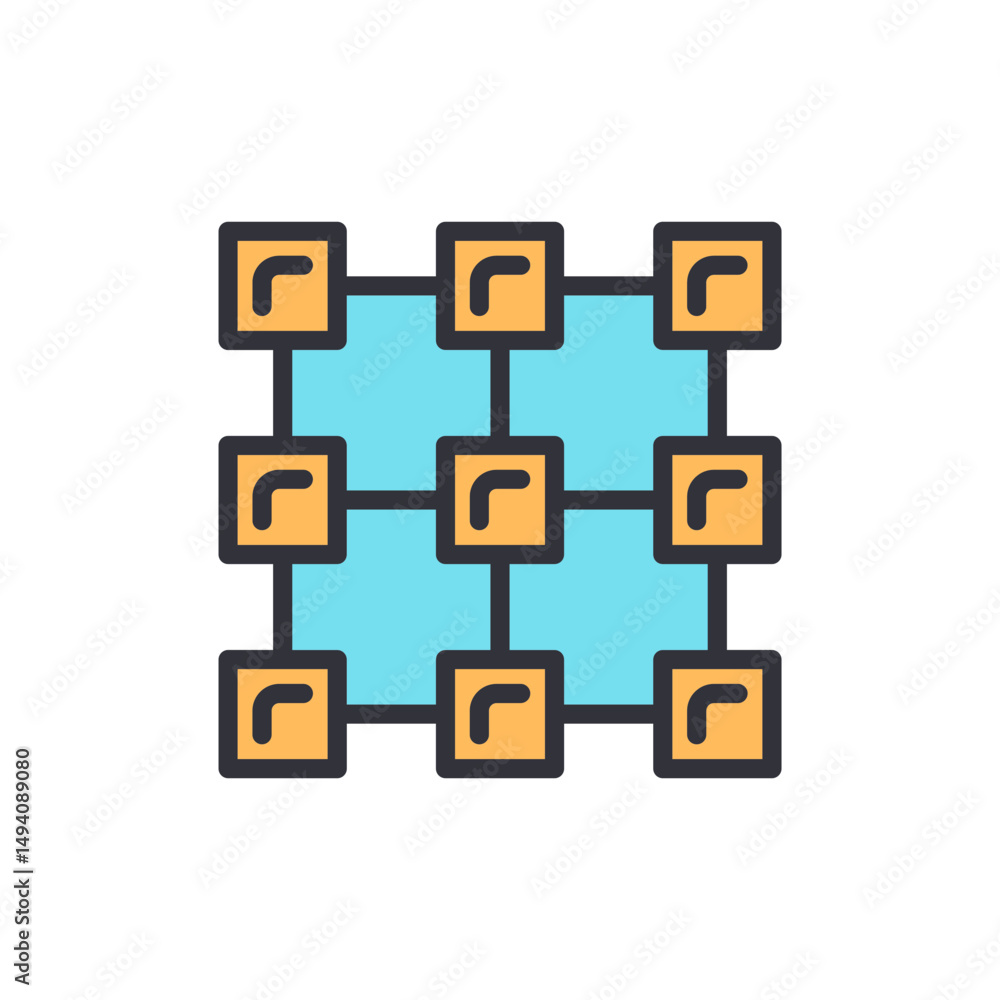 Poster interconnected network of abstract squares with circular arrow symbols