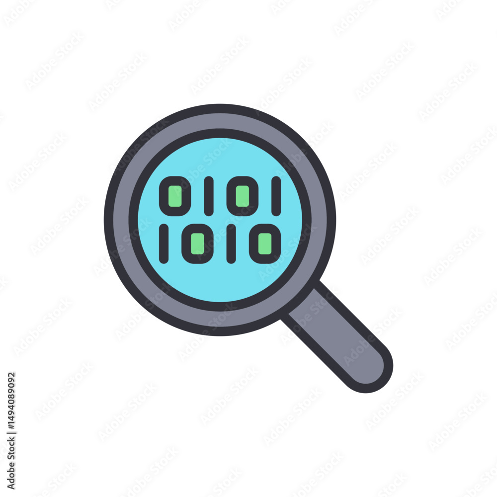 Poster binary code under the magnifying glass on transparent background