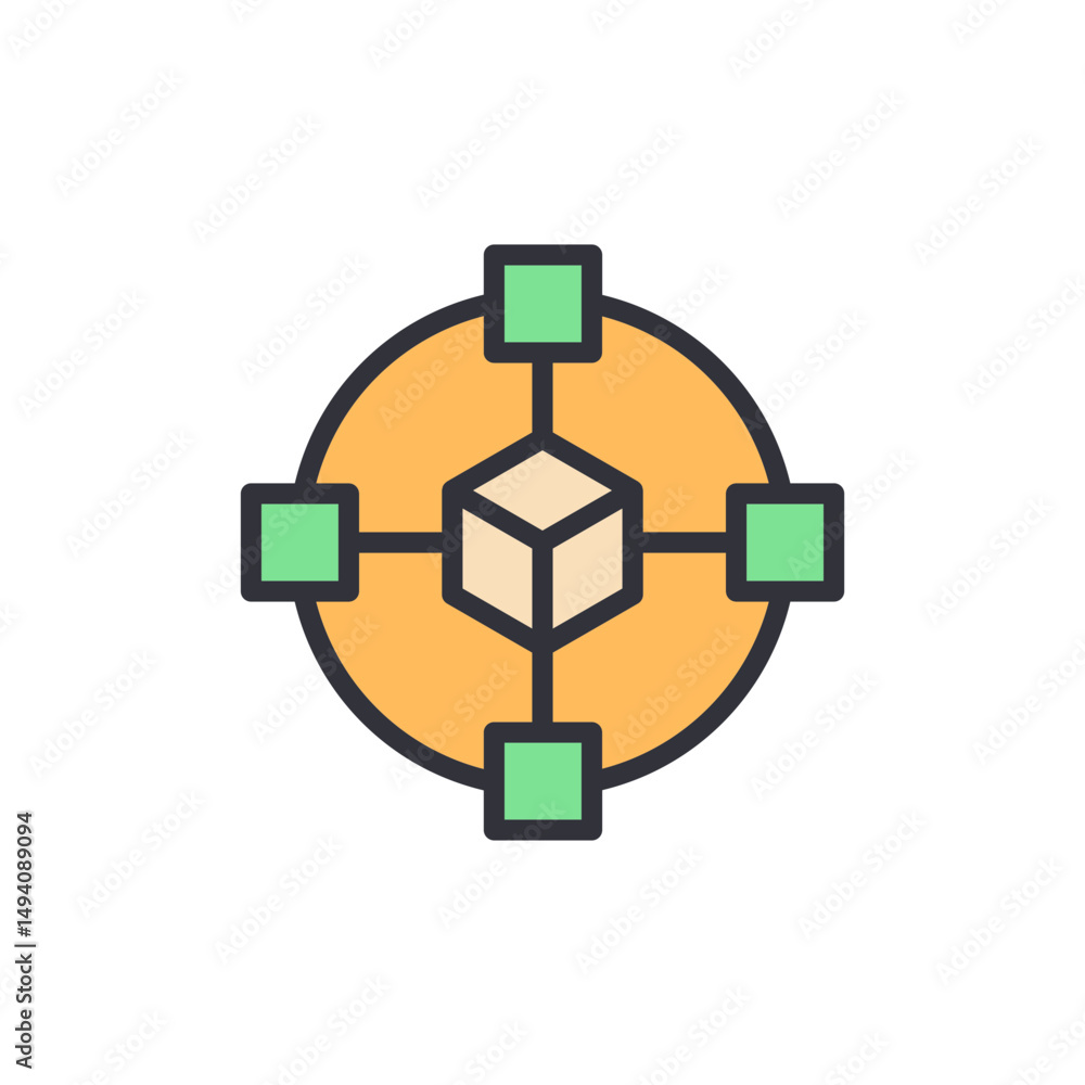 Poster decentralized network representing blockchain technology with nodes connected