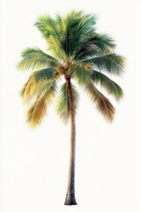 Tall coconut palm tree with lush green and yellow fronds isolated on white background