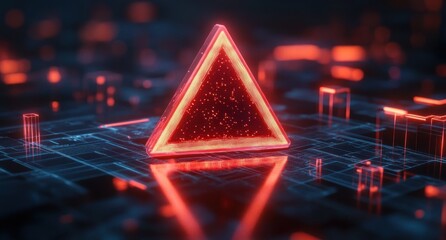 Glowing red triangular digital hologram floating above a futuristic circuit board with neon blue and orange light accents creating a high-tech atmosphere