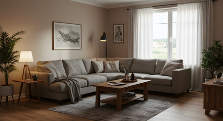 Fototapeta premium Cozy living room with a modern sectional sofa, stylish decor, and natural light streaming through the window
