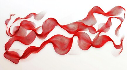 Abstract flowing red ribbons with fine lines creating a sense of movement and fluidity on a white background
