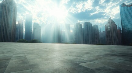 Spacious empty tiled rooftop or terrace with modern city skyscrapers in background under a bright sunburst and partly cloudy sky