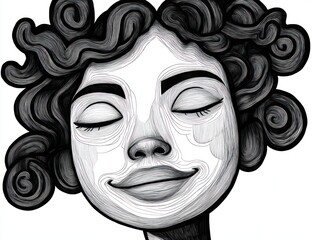 Close-up artistic portrait of a smiling person with closed eyes and voluminous curly hair, expressing calm and contentment