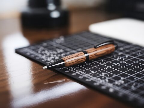 Sophisticated wooden pen resting on precise cutting mat for creative work