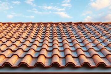 Close-up view of orange ceramic roof tiles under a partly cloudy blue sky with warm sunlight highlighting texture