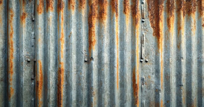 Close-up of weathered rusty corrugated metal sheet with vertical ridges and orange rust stains creating an aged industrial texture - Powered by Adobe