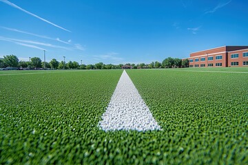 Bright green turf field with a white line under a clear blue sky. This is perfect for sports, school, or outdoor activity themed projects.