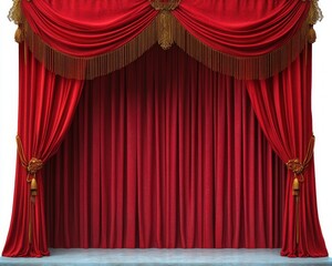 Elegant closed red velvet theater curtains with gold tassel trim and decorative tiebacks signaling a dramatic stage setting