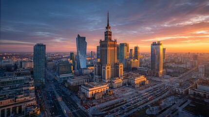 Naklejka premium Modern skyscrapers in warsaw city at vibrant sunset, urban skyline in poland